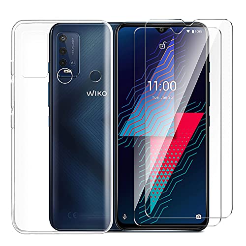 Tsinwe Hülle + 2 Pcs Panzerglasfolie für Wiko Power U30, Weich Transparent Silikon Handy Hüllen [Stoßfest Kratzfest] [Shock Absorption Schutzhülle] & Schutzfolie Protector Film von Tsinwe