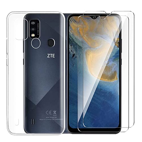 Tsinwe Hülle + 2 Pcs Panzerglasfolie für ZTE Blade A51, Weich Transparent Silikon Handy Hüllen [Stoßfest Kratzfest] [Shock Absorption Schutzhülle] & Schutzfolie Protector Film von Tsinwe