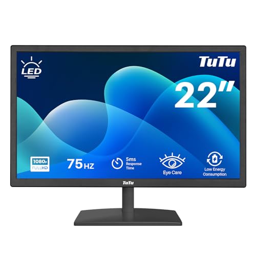 TuTu 21,5 Zoll LED Monitor Full HD 75HZ 5ms Eye Care (1920 x 1080, VGA HDMI VESA 100 * 100mm) Flimmerfrei Blaulichtfilter Niedriger Stromverbrauch Monitor für PC Home Office Schwarz von TuTu