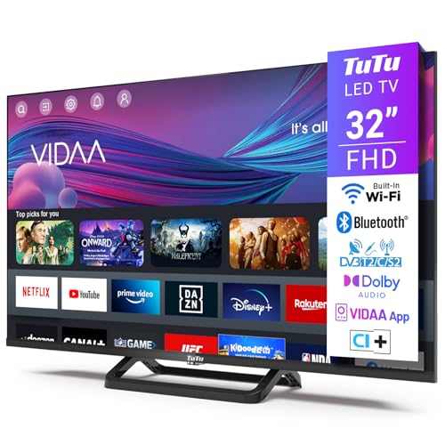 TuTu 32 Zoll Fernseher Full HD, VIDAA Smart TV mit WLAN, Bluetooth, App Store, Triple Tuner (DVB-T/T2, DVB-C, DVB-S/S2), HDMI, Mittelfuss [TUV32FN1B, 2024] von TuTu