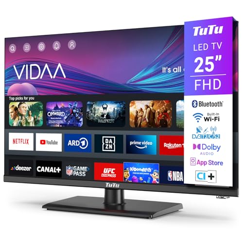 TuTu Fernseher 25 Zoll (64 cm), Full HD Smart TV mit Bluetooth, WLAN, Triple Tuner (DVB-T/T2, DVB-C, DVB-S/S2), App Store, Mittelfuss [2025] von TuTu