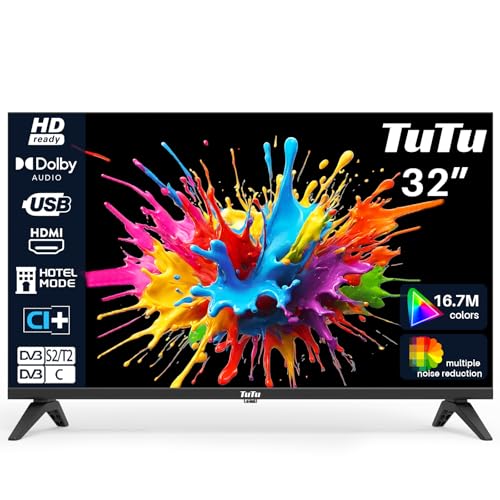 TuTu Fernseher 32 Zoll (80cm) LED HD TV mit Triple Tuner (DVB-T/T2-C-S/S2), HDMI, USB-Media Player, CI/CI+, Hotelmodus (TUB32HN1N, 2024) von TuTu