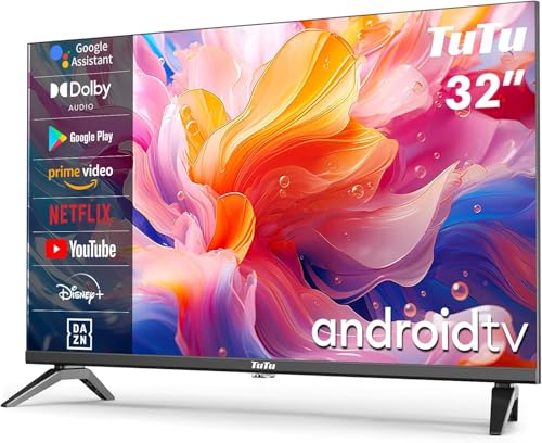 TuTu Smart TV 32 Zoll (80cm) LED HD Fernseher Android TV mit WLAN, Triple Tuner (DVB-T/T2, DVB-C, DVB-S/S2), Bluetooth, HDMI, USB von TuTu