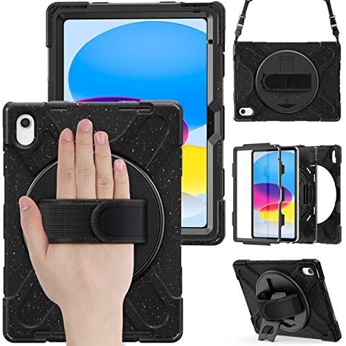 Tuiklol iPad 10th Gen Case 10.9 Inch 2022, Heavy Duty Shockproof Silicone Cover, with Pencil Holder [360°Rotate Hand Stand/Shoulder Strap] iPad Model A2757 A2777 A2696 for Kid, Sparkly Black A von Tuiklol
