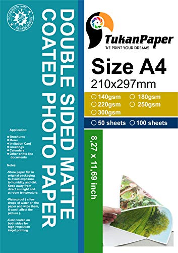 Doppelseitiges, mattes Inkjet-Fotopapier, 210 x 297 mm, A4-Größe, 100 Blatt, Gewicht 140 g/m², ideal für Präsentationen, Notizkarten, Bastelprojekte, Beschilderungen, Fotos von Tukan Paper
