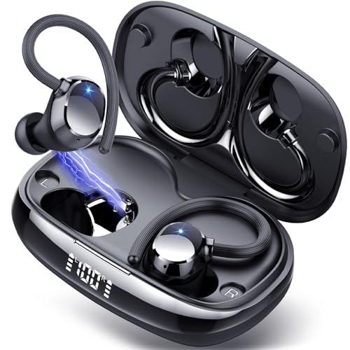 Tukio Bluetooth Sport Kopfhörer, Kopfhörer Kabellos Bluetooth 5.3 mit Ohrbügel, 80H IPX7 Wasserdicht In-Ear Kopfhörer, 3D Stereo CVC 8.0 HD Calling, Kabelloses Kopfhörer mit 4 HD Mic und LED Display von Tukio