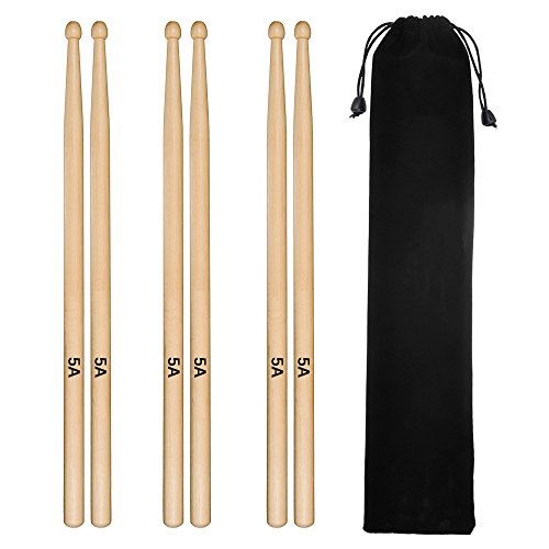 Tuloka 5A Trommelstöcke Klassisch Ahorn Drumsticks Student Drum Sticks Holz Spitze, 3 Paar von Tuloka
