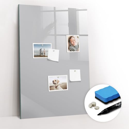 Tulup Glasplatte Tafel abwaschbar Wandtafel Magnetpinnwand 60x90 mit Magneten und Stift Magnetisch Magnettafel zum Beschriften Schreibtafel mit Motiv - Hellgraue Farbe von Tulup