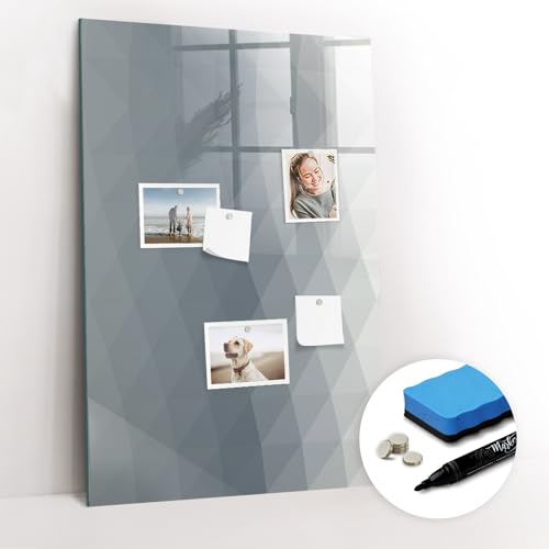 Tulup mit Magneten und Stift Glasplatte Magnettafel Tafel abwaschbar Magnetisch zum Beschriften Magnetpinnwand 60x90 Wandtafel Schreibtafel mit Motiv - Abstraktion grauer Wellen von Tulup