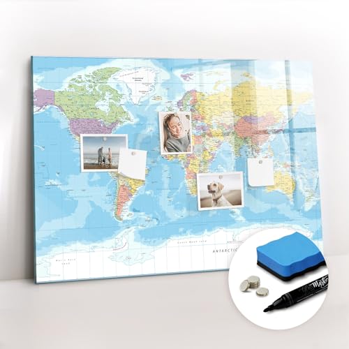Tulup zum Beschriften Magnettafel mit Magneten und Stift Wandtafel Tafel abwaschbar Glasplatte Neodym-Magnete Magnetpinnwand 100x70 Schreibtafel mit Motiv - Politische Weltkarte von Tulup