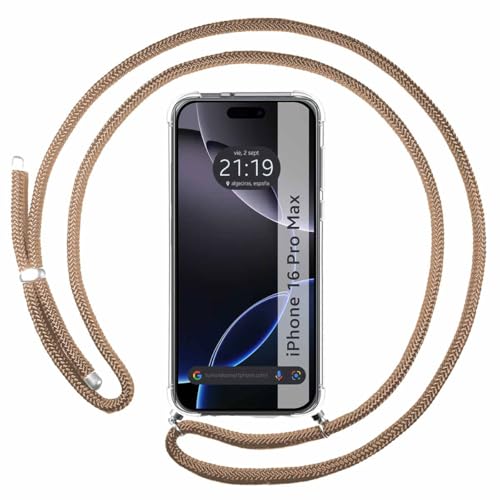 Tumundosmartphone Transparente Schutzhülle für iPhone 16 Pro Max (6,9 Zoll), mit Kordel in Kamelbraun von Tumundosmartphone