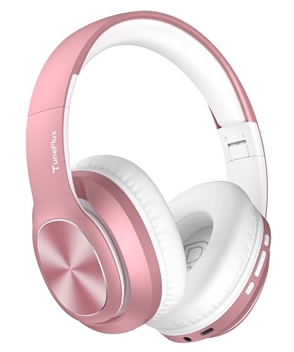 TuneFlux Bluetooth Kopfhörer Over Ear, 80 Std Akkulaufzeit, Kabellos Bluetooth Kopfhörer mit 3 EQ-Modi, HiFi-Stereo, Eingebautes Mikrofon, Faltbares Wireless Kopfhörer-Rosa Gold von TuneFlux