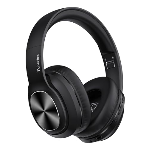 TuneFlux Bluetooth Kopfhörer Over Ear, 80 Std Akkulaufzeit, Kabellos Bluetooth Kopfhörer mit 3 EQ-Modi, HiFi-Stereo, Eingebautes Mikrofon, Faltbares Wireless Kopfhörer-Schwarz von TuneFlux