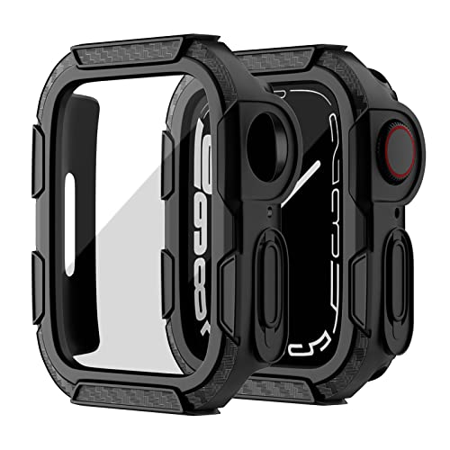 Tuocal 2 Packs Robuste Hülle Kompatibel für Apple Watch 45mm Series 8 Series 7 mit Displayschutz gehärtetem Glas, Militär Harte TPU Schutzhülle Stoßfester Bumper für iWatch 45mm Herren, Schwarz von Tuocal