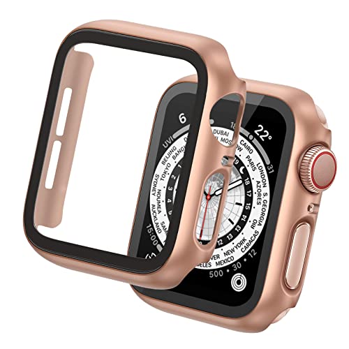 Tuocal 2 Stück Hard Hülle Kompatibel mit Apple Watch Series 6 / Serie 5 / Series 4 / SE / 44mm HD PC Vollständige Abdeckung Schutz mit Schutzfolie Cover Case Glas Schutzhülle für iWatch 44mm, Roségold von Tuocal