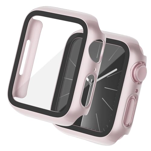 Tuocal 2 Stück Hard Hülle Kompatibel mit Apple Watch Series 9 Series 8 Series 7 41mm HD PC Vollständige Abdeckung Schutz mit Schutzfolie Cover Case Glas Schutzhülle für iWatch 41mm, Rosa von Tuocal