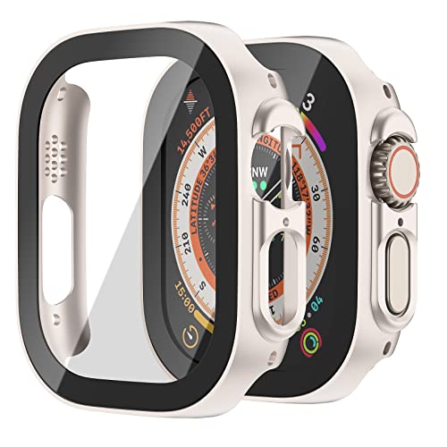 Tuocal 2 Stück Hard Hülle Kompatibel mit Apple Watch Ultra 49mm HD PC Vollständige Abdeckung Schutz mit Schutzfolie Cover Case Glas Schutzhülle für iWatch 49mm, Sternenlicht von Tuocal