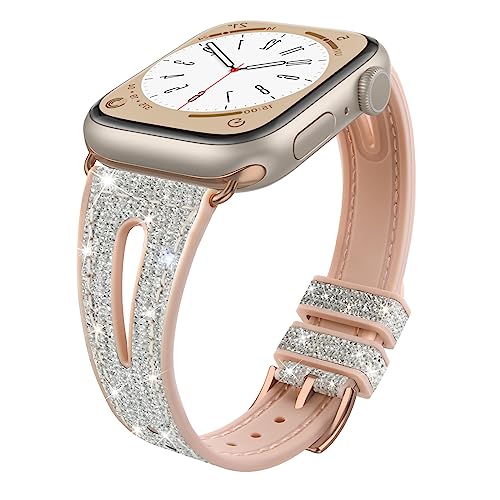 Tuocal Bling Armband Kompatibel mit Apple Watch Glitzerarmband 38mm 40mm 41mm, Glitzer Schlank Weiches Silikon Ersatzarmband mit iWatch Series 9 8 7 6 5 4 3 2 1 SE Sports Edition Damen, Silber von Tuocal