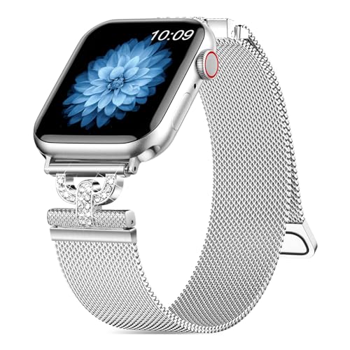 Tuocal Kompatibel mit Apple Watch Armband 38mm 40mm 41mm, Funkelnder Glitzer Diamant Metall Edelstahl Ersatzarmband für iWatch Series 9 8 7 6 5 4 3 2 1 SE Sports Edition, Silber von Tuocal