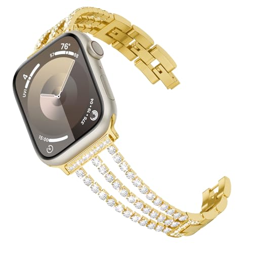 Tuocal Kompatibel mit Apple Watch Armband 38mm 40mm 41mm, Glitzer Diamant Strass Metall Edelstahl Ersatzarmband für iWatch Series 9 8 7 6 5 4 3 2 1 SE Damen, Gold von Tuocal