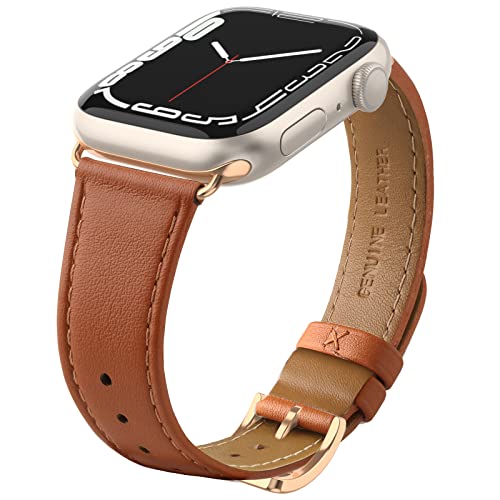 Tuocal Kompatibel mit Apple Watch Armband 38mm 40mm 41mm Herren Damen, Schmales Dünnes Weiches Echte Lederarmband Kompatibel für Apple Watch Series 9 8 7 6 5 4 3 2 1 SE Sport Edition, Braun von Tuocal