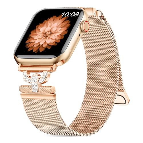 Tuocal Kompatibel mit Apple Watch Armband 42mm 44mm 45mm 46mm 49mm, Funkelnder Glitzer Diamant Metall Edelstahl Ersatzarmband für iWatch Ultra 2 / Ultra Series 10 9 8 7 6 5 4 3 2 1 SE, Roségold von Tuocal