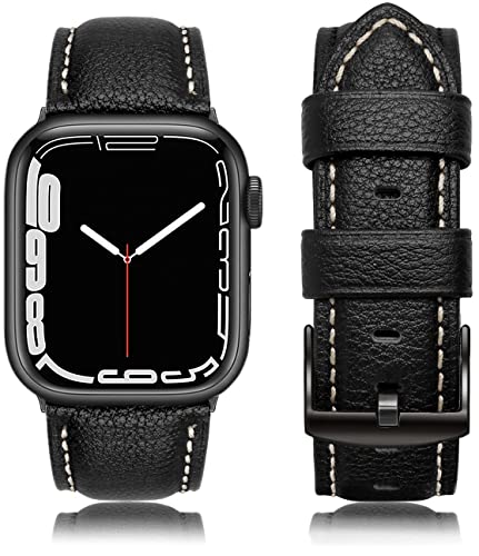 Tuocal Leder Armband Kompatibel mit Apple Watch Armband 41mm 40mm 38mm, Vintage Echtes Leder Ersatzarmband für iWatch Series 9 8 7 6 5 4 3 2 1 SE Sport Edition Herren Damen, Lichee Schwarz von Tuocal