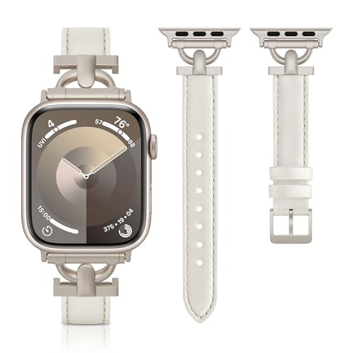 Tuocal Leder Armband Kompatibel mit Apple Watch Armband 41mm 40mm 38mm, Weiches Echtes Lederarmband für iWatch Series 9 8 7 6 5 4 3 2 1 SE Sports Edition Herren Damen, Polarstern/Polarstern von Tuocal