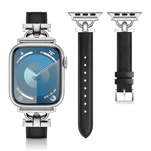 Tuocal Leder Armband Kompatibel mit Apple Watch Armband 41mm 40mm 38mm, Weiches Echtes Lederarmband für iWatch Series 9 8 7 6 5 4 3 2 1 SE Sports Edition Herren Damen, Schwarz/Silber von Tuocal