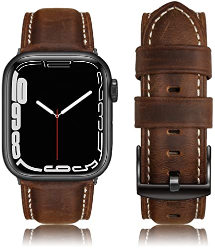 Tuocal Leder Armband Kompatibel mit Apple Watch Armband 45mm 44mm 42mm, Vintage Echtes Leder Ersatzarmband für iWatch Series 9 8 7 6 5 4 3 2 1 SE Sport Edition Herren Damen, Retro Vintage Braun von Tuocal