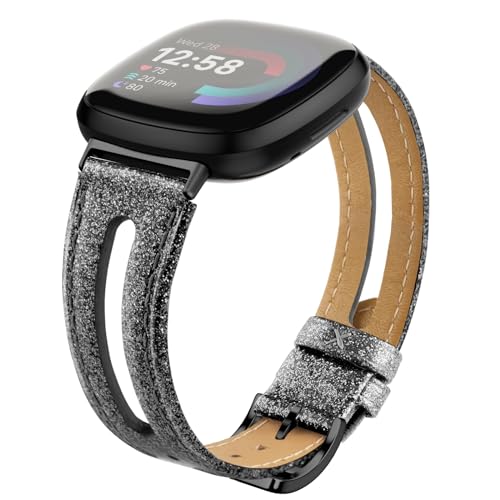 Tuocal Lederarmband Kompatibel für Fitbit Versa 4 / Versa 3 Armband/Sense Leder Armband,Schlankes Weiches Ersatzarmband Kompatibel mit Fitbit Versa 4 / Versa 3 / Sense Damen Herren, Glitzer Schwarz Tuocal Lederarmband Kompatibel für Fitbit Versa 4 / Versa 3 Armband/Sense Leder Armband,Schlankes Weiches Ersatzarmband Kompatibel mit Fitbit Versa 4 / Versa 3 / Sense Damen Herren, Glitzer Schwarz von Tuocal