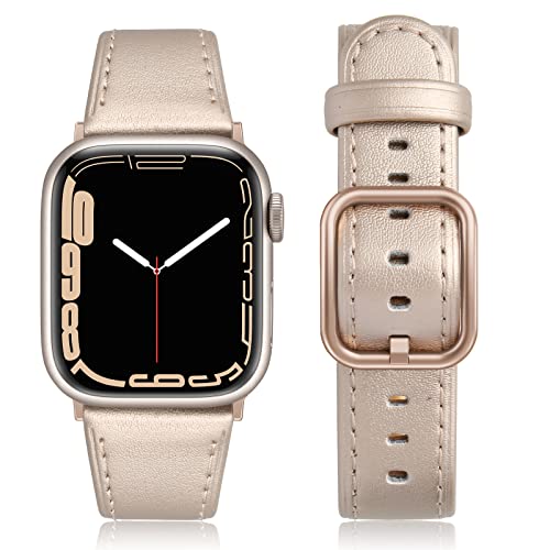 Tuocal Lederarmband Kompatibel mit Apple Watch Armband 41mm 40mm 38mm, Echtes Leder Ersatzarmband für Apple iWatch Series 8 7 6 5 4 3 2 1 SE Sport Edition Damen Herren, Champagner von Tuocal