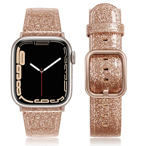 Tuocal Lederarmband Kompatibel mit Apple Watch Armband 41mm 40mm 38mm, Echtes Leder Ersatzarmband für Apple iWatch Series 8 7 6 5 4 3 2 1 SE Sport Edition Damen Herren, Glitzer Roségold von Tuocal