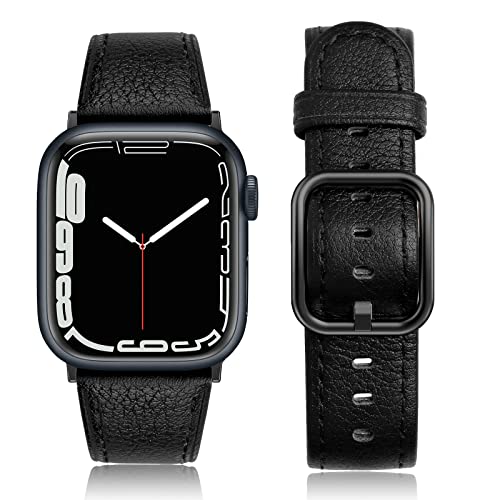 Tuocal Lederarmband Kompatibel mit Apple Watch Armband 41mm 40mm 38mm, Echtes Leder Ersatzarmband für Apple iWatch Series 8 7 6 5 4 3 2 1 SE Sport Edition Damen Herren, Lichee Schwarz von Tuocal