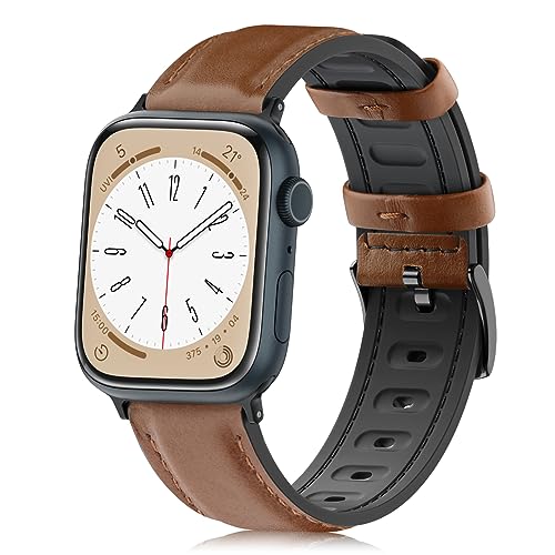 Tuocal Lederarmband Kompatibel mit Apple Watch Armband Leder 45mm 44mm 42mm, Weiches Echtes Leder und Silikon Hybrid Ersatzarmband für iWatch Series 9 8 7 6 5 4 3 2 1 SE Herren, Braun von Tuocal