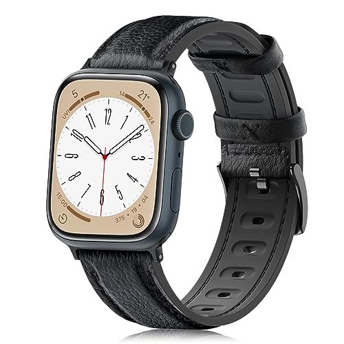 Tuocal Lederarmband Kompatibel mit Apple Watch Armband Leder 45mm 44mm 42mm, Weiches Echtes Leder und Silikon Hybrid Ersatzarmband für iWatch Series 9 8 7 6 5 4 3 2 1 SE Herren, Lichee Schwarz von Tuocal