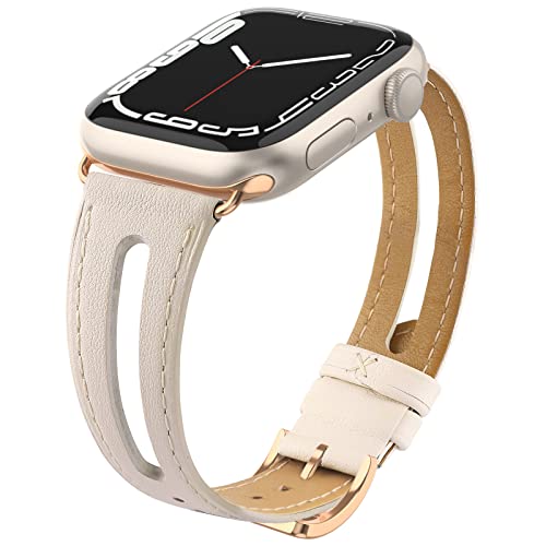 Tuocal Lederband Kompatibel mit Apple Watch Armband 41mm 40mm 38mm, Schlankes Weiches Echtleder Ersatzarmband für iWatch Series 9 8 7 6 5 4 3 2 1 SE Sport Edition Damen, Elfenbein von Tuocal