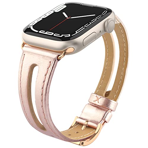 Tuocal Lederband Kompatibel mit Apple Watch Armband 41mm 40mm 38mm, Schlankes Weiches Echtleder Ersatzarmband für iWatch Series 9 8 7 6 5 4 3 2 1 SE Sport Edition Damen, Roségold von Tuocal