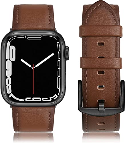 Tuocal Lederband kompatibel mit Apple Watch Armband 45mm 44mm 42mm, Weiches Echtleder Ersatzarmband kompatibel für iWatch Series 8 7 6 5 4 3 2 1 SE Sports Edition Herren, Braun von Tuocal