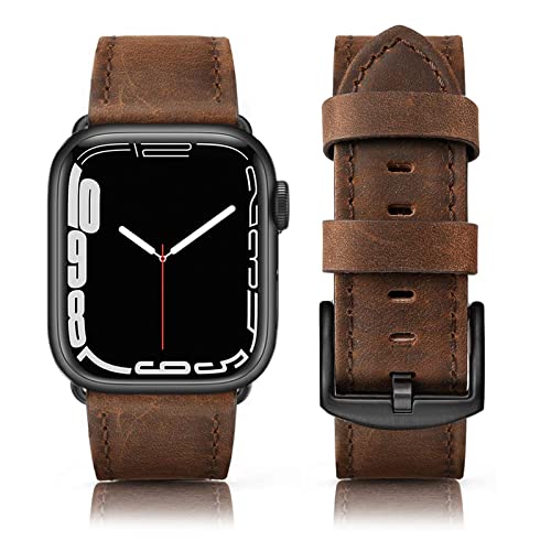 Tuocal Lederband kompatibel mit Apple Watch Armband 45mm 44mm 42mm, Weiches Echtleder Ersatzarmband kompatibel für iWatch Series 8 7 6 5 4 3 2 1 SE Sports Edition Herren, Retro Walnuss von Tuocal