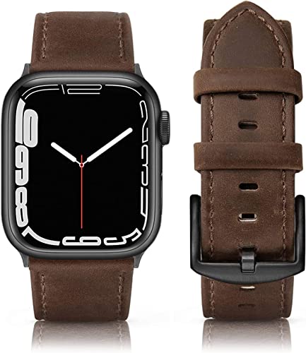 Tuocal Lederband kompatibel mit Apple Watch Armband 45mm 44mm 42mm, Weiches Echtleder Ersatzarmband kompatibel für iWatch Series 8 7 6 5 4 3 2 1 SE Sports Edition Herren, Schokoladen von Tuocal