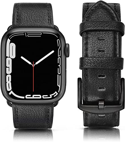 Tuocal Lederband kompatibel mit Apple Watch Armband 45mm 44mm 42mm, Weiches Echtleder Ersatzarmband kompatibel für iWatch Series 8 7 6 5 4 3 2 1 SE Sports Edition Herren, Schwarz von Tuocal