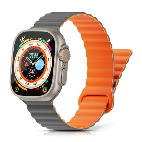 Tuocal Magnetarmband Kompatibel mit Apple Watch Armband 49mm 45mm 44mm 42mm, Silikon Magnetisch Loop Ersatzband für iWatch Ultra 2 / Ultra Series 9 8 7 6 5 4 3 2 1 SE Herren, Grau Orange von Tuocal