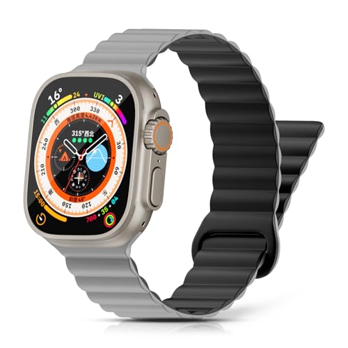 Tuocal Magnetarmband Kompatibel mit Apple Watch Armband 49mm 45mm 44mm 42mm, Silikon Magnetisch Loop Ersatzband für iWatch Ultra 2 / Ultra Series 9 8 7 6 5 4 3 2 1 SE Herren, Grau Schwarz von Tuocal