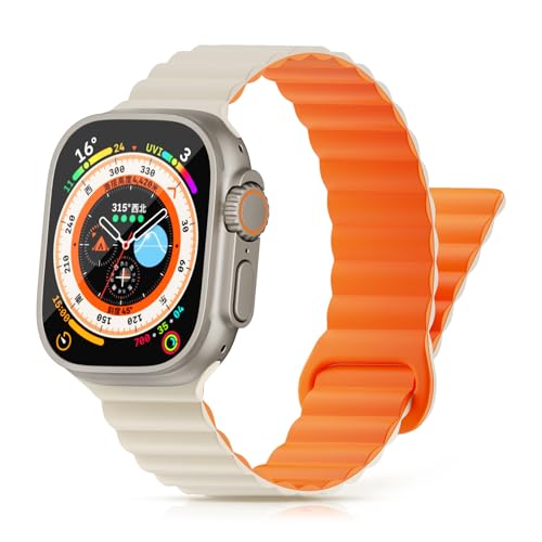 Tuocal Magnetarmband Kompatibel mit Apple Watch Armband 49mm 45mm 44mm 42mm, Silikon Magnetisch Loop Ersatzband für iWatch Ultra 2 / Ultra Series 9 8 7 6 5 4 3 2 1 SE Herren, Polarstern Orange von Tuocal