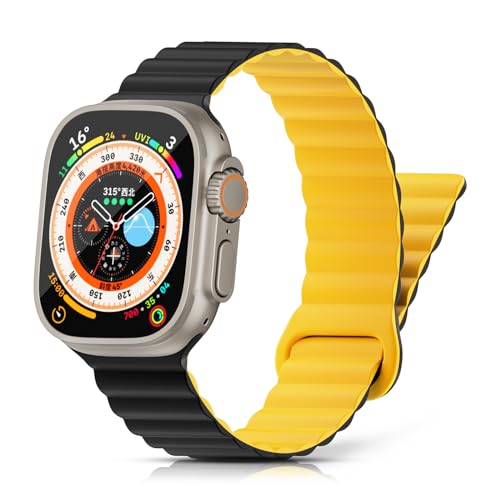 Tuocal Magnetarmband Kompatibel mit Apple Watch Armband 49mm 46mm 45mm 44mm 42mm, Silikon Magnetisch Loop Ersatzband für iWatch Ultra 2 / Ultra Series 10 9 8 7 6 5 4 3 2 1 SE Herren, Schwarz Gelb Tuocal Magnetarmband Kompatibel mit Apple Watch Armband 49mm 46mm 45mm 44mm 42mm, Silikon Magnetisch Loop Ersatzband für iWatch Ultra 2 / Ultra Series 10 9 8 7 6 5 4 3 2 1 SE Herren, Schwarz Gelb von Tuocal