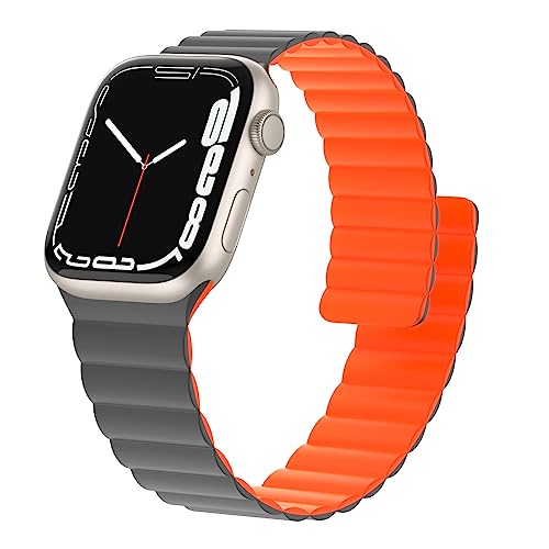 Tuocal Magnetarmband Kompatibel mit Apple Watch Ultra 2 Armband 49mm 45mm 44mm 42mm, Silikon Magnetisch Loop Band für iWatch Ultra Series 9 8 7 6 5 4 3 2 1 SE Herren, Grau Orange von Tuocal
