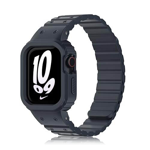 Tuocal Magnetarmband mit Schutzhülle Kompatibel mit Apple Watch Armband 45mm 44mm 42mm, Silikon Magnetisch Loop Ersatzband mit Gehäuse für iWatch Series 9 8 7 6 5 4 3 2 1 SE Herren, Blau von Tuocal