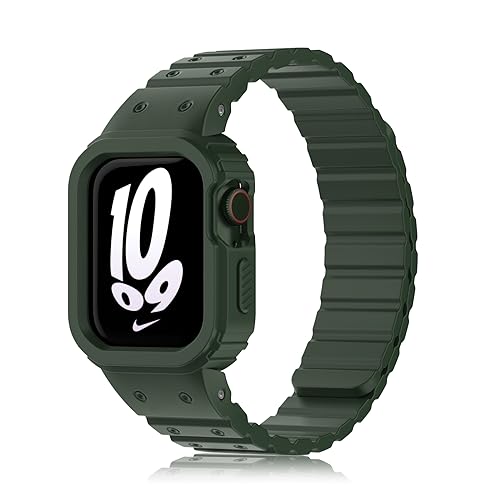 Tuocal Magnetarmband mit Schutzhülle Kompatibel mit Apple Watch Armband 45mm 44mm 42mm, Silikon Magnetisch Loop Ersatzband mit Gehäuse für iWatch Series 9 8 7 6 5 4 3 2 1 SE Herren, Grün von Tuocal