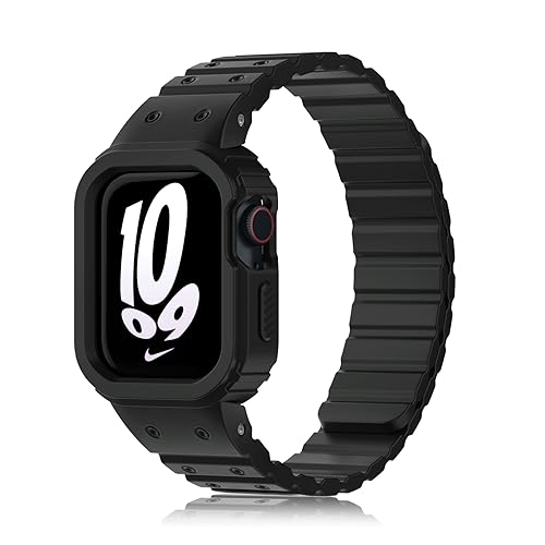 Tuocal Magnetarmband mit Schutzhülle Kompatibel mit Apple Watch Armband 45mm 44mm 42mm, Silikon Magnetisch Loop Ersatzband mit Gehäuse für iWatch Series 9 8 7 6 5 4 3 2 1 SE Herren, Schwarz von Tuocal